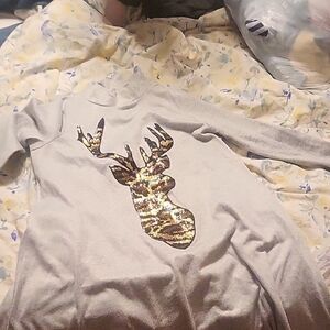 Elegant Gray Turtleneck Sweater with Gold Deer Design